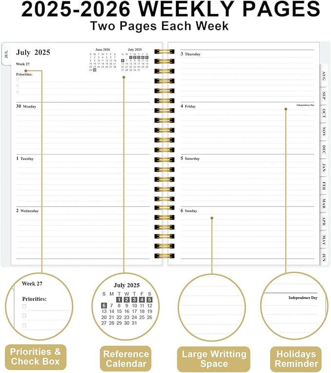 Planner 2025-2026 - Weekly & Monthly Planner from July 2025 to June 2026, Agenda 2025 2026 with Inner Pocket, Elastic Band, 6.4" x 8.5", Green Glod Leaf