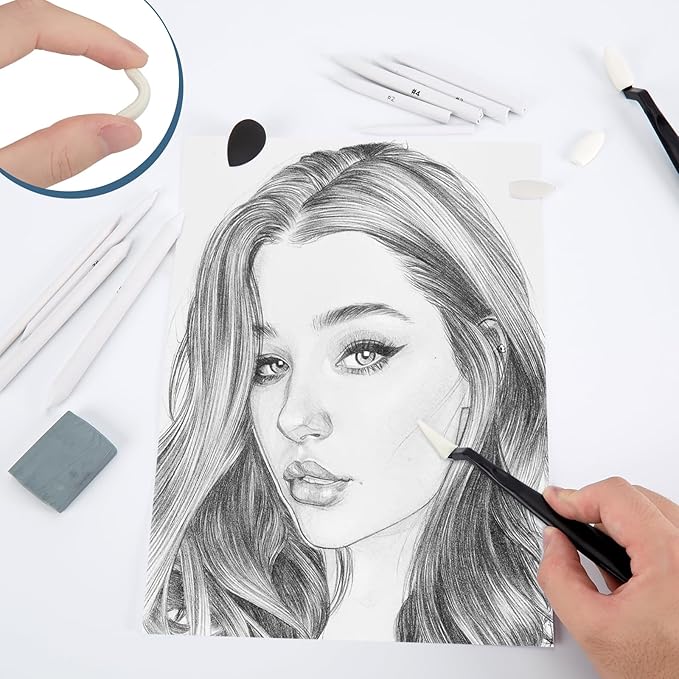 AGPTEK 48 PCS Sketch Drawing Tools, 20 Blending Stumps Set and 2 Sandpaper Pencil Sharpeners, Pencil Extension, Erasers,20 sponge replacement heads & 1 Felt Bag for Student Sketch Drawing Accessories