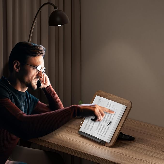 Book Stand for Reading, JaoNanl Adjustable Book Display Stand, Foldable Cookbook Stand with Elastic Page Clips, Multifunctional Display Stand for Office, Music Scores, Recipe, Tablet, Laptop