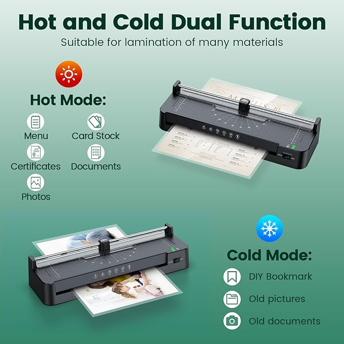 Laminator Machine with 40pcs Laminating Pouches Sheets, 9 in 1 Laminator 13-inch Wide Thermal &Cold Machine Built-in Paper Trimmer Corner Rounder Hole Punch for Home Office School (Black)