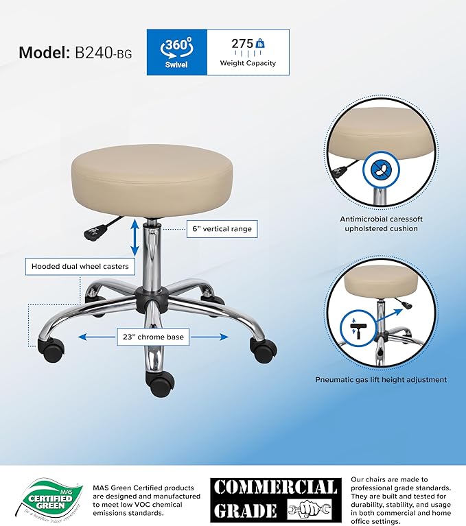 Boss Office Products Be Well Medical Spa Stool in Beige, 250 (B240-BG)