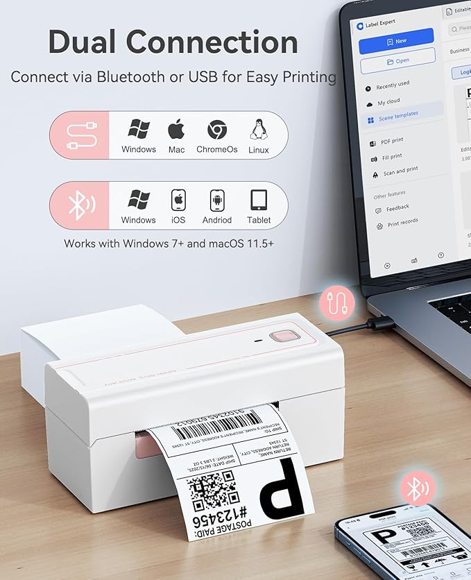 Bluetooth Thermal Label Printer, Wireless 4x6 Shipping Label Printer for Small Business, High-Speed Thermal Printer Compatible with Android, iOS & Windows for Amazon, Ebay, Shopify, USPS