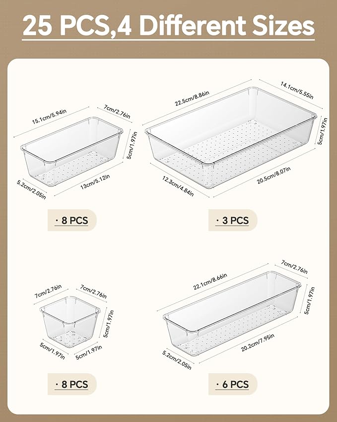 25 PCS Plastic Drawer Organizers Set, 4 Sizes Vanity Organizer, Makeup and Desk Drawer Organizer Trays, Organization and Storage for Makeup, Bathroom, Kitchen Utensils and Office (Clear)