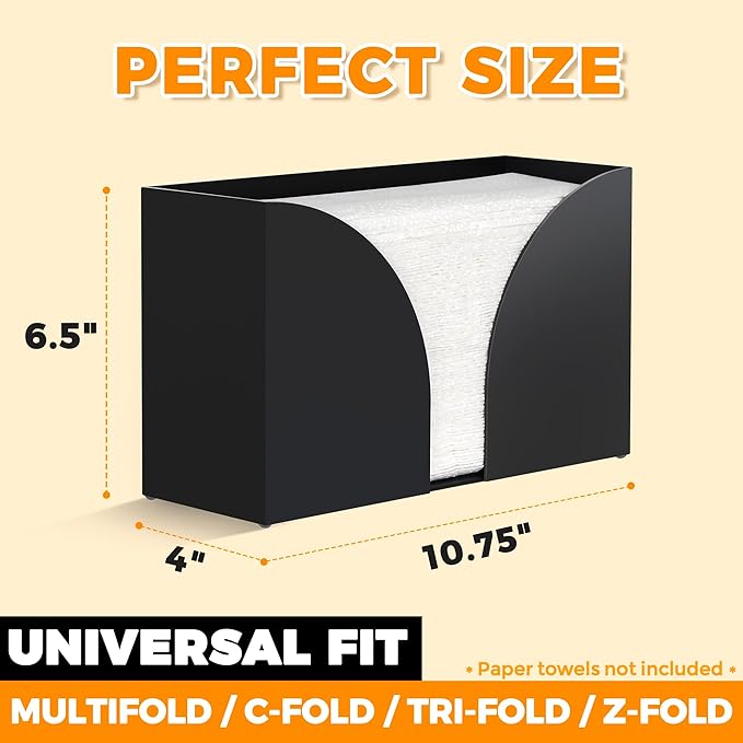 Storage Standard Multifold Paper Towel Dispenser Countertop - Matte Black Paper Towel Holder Bathroom, Durable Acrylic Napkin Holder for Bathroom, Kitchen, Office & Restaurant, 10.75 x 6.5 x 4 Inches