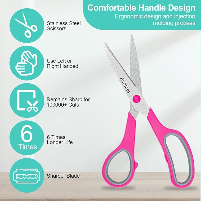 Scissors, Rkqoa 8" All Purpose Titanium Scissor Set of 6 Pack - 2.5mm Thick Sharp Scissors Bulk for Office School Sewing Craft Supplies, Classroom Must have, Teacher/Class Shears, Right/Left Handles