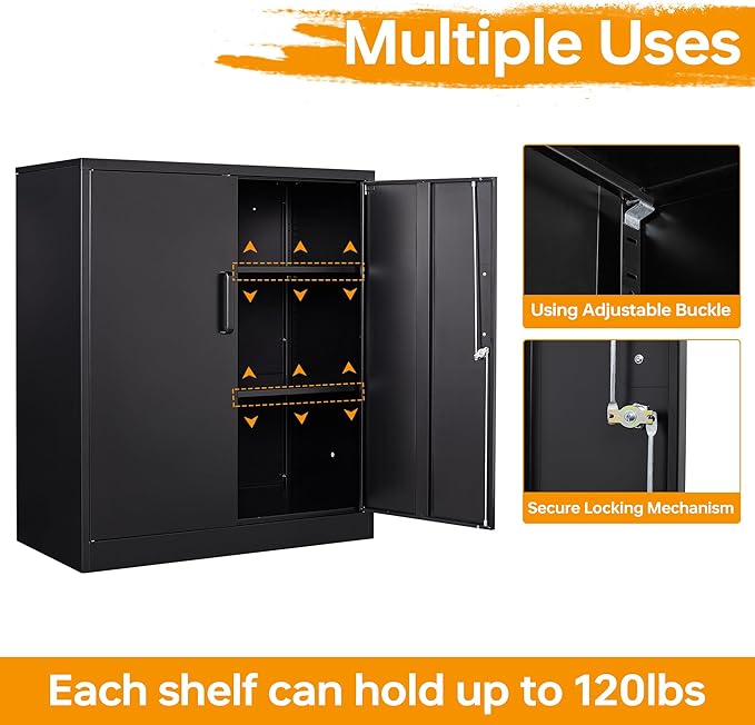 STANI Metal Storage Cabinet with 2 Adjustable Shelves, Steel Counter Cabinet with Lockable Doors for Home Office (Black)