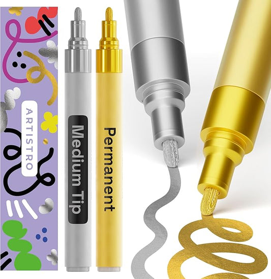 ARTISTRO 2 Gold & Silver Permanent Marker - Waterproof Markers for Tire, Fabric, Rocks, Glass, Ceramic, Wood, Paper - Oil Based Paint Pens - Medium Tip 3mm