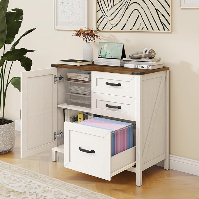 Lateral File Cabinet with 3 Drawers, Farmhouse File Cabinet for Letter/A4 Size Hanging Files, Large Wood File Storage Cabinets Printer Stand for Home Office Furniture, Rustic White