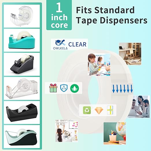 OWLKELA 24 Rolls Transparent Tape Refills, Clear Tape, All-Purpose Transparent Glossy Tape for Office, Home, School