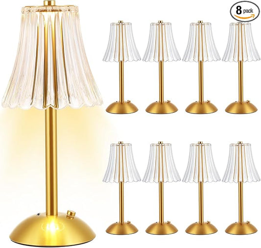 Liliful 8 Pcs LED Portable Cordless Table Lamp Touch Battery Operated Rechargeable Gold Desk Lamp 3 Color Dimmable for Bedroom Living Room Dining (Gold,Rose Style)