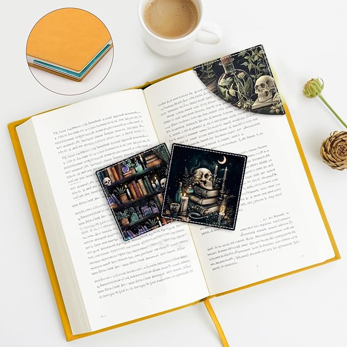 Gothic Skull Corner Bookmarks, Funny Bookshelf Leather Book Accessories for Book Lovers, 3 Pcs Reading Book Page Markers for Women Men Student Teacher Retirement Birthday Gifts