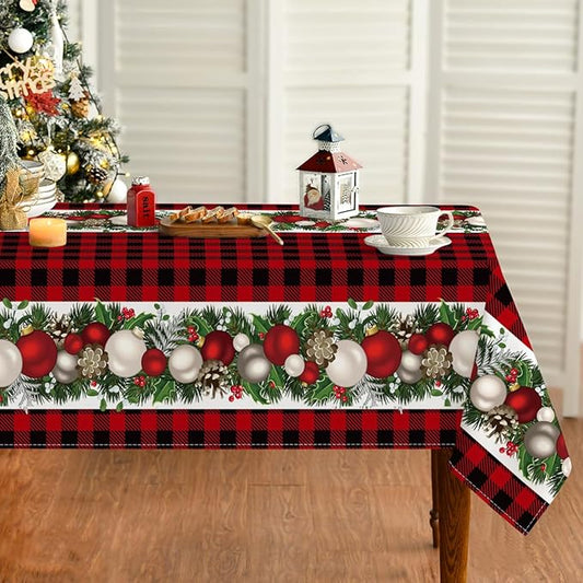 Horaldaily Christmas Tablecloth 60×84 Inch, Christmas Ball Ornaments Red Bufalo Plaid Washable Table Cover for Party Picnic Dinner Decor