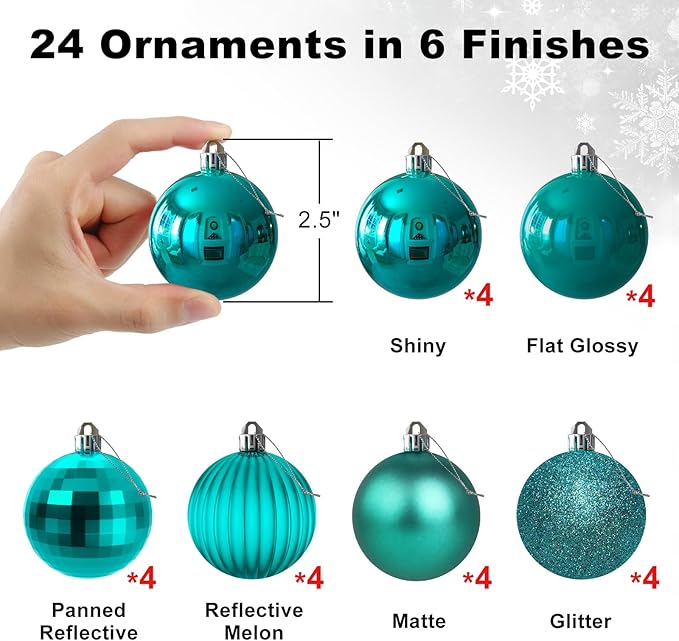 Teal 2.5" Christmas Balls Christmas Tree Decoration Ornaments Shatterproof Hanging Balls for Birthday Halloween Holiday Wedding Decorations Set of 24pcs