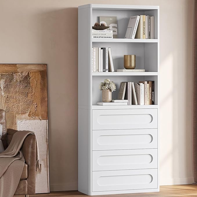 Bookcase with 4 Drawers, 72.1" Tall Bookshelf with 3 Storage Shelves, Large Bookshelves Cabinet for Living Room, Bedroom, Home Office (White)