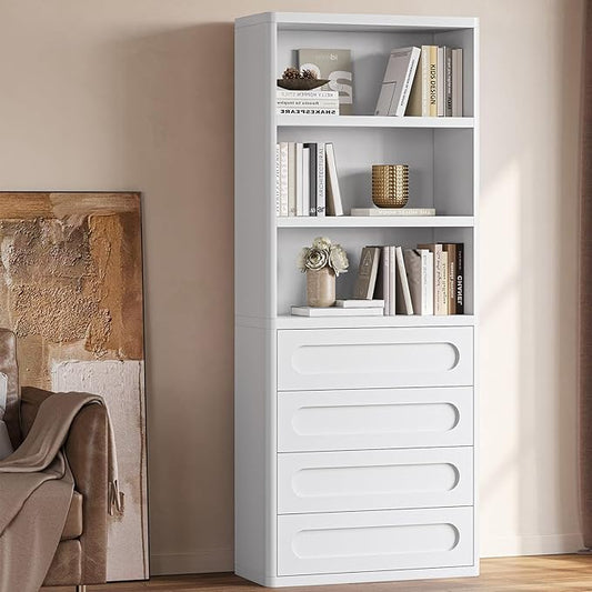 Bookcase with 4 Drawers, 72.1" Tall Bookshelf with 3 Storage Shelves, Large Bookshelves Cabinet for Living Room, Bedroom, Home Office (White)