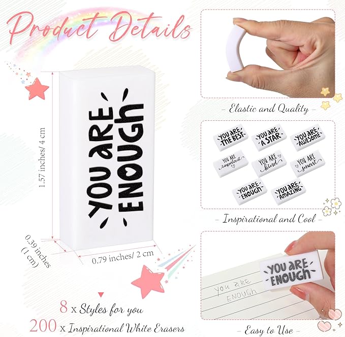 PerKoop 200 Pcs Back to School Inspirational Small Pencil Erasers Bulk for Kids, White Cute Fun Motivational Erasers Gifts for Teachers Students Classroom Reward First Day of School Supplies