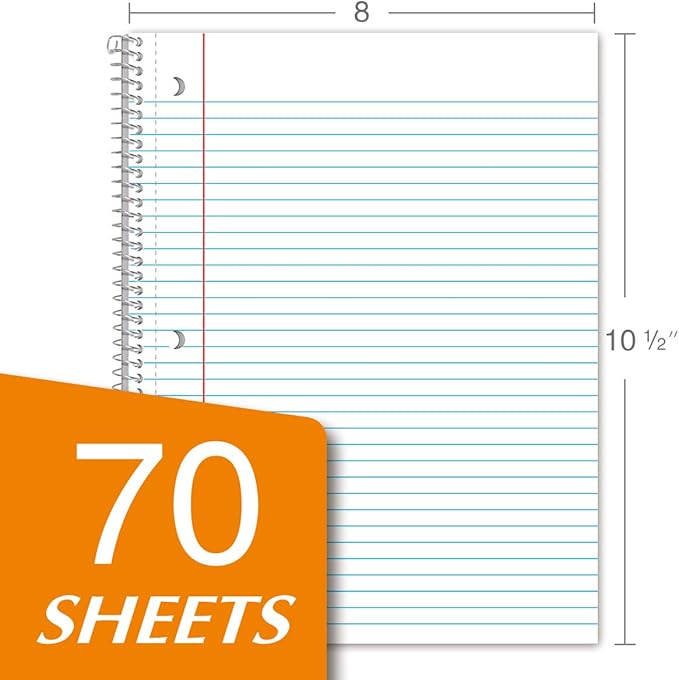 KAISA 1 Subject Spiral Notebooks, 70 Sheets College Ruled 10.5"x8" Paper, Note Books Home School Supplies for Students Office, 1Carton of 24pcs