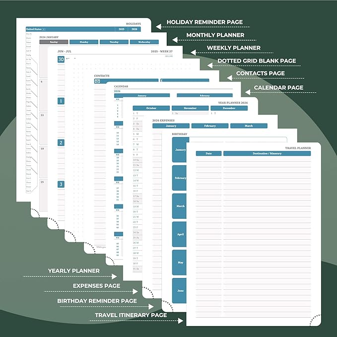 Planner 2026 Daily Weekly and Monthly,8.5"x6.5",12 Months Spiral Bound Calendar Agenda with Self-adhesive Pen Holder,2026 Appointment Book with Vegan Leather Soft Cover,Green