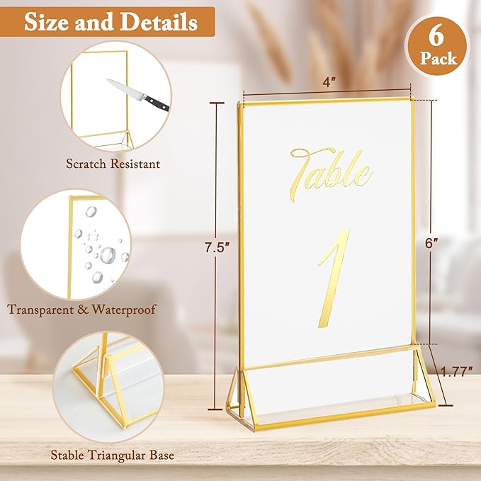 Floroom 6 Pack 4x6 Inch Clear Acrylic Sign Holders, Double-Sided Gold Display Stand Picture Frames for Table Numbers, Menus, Flyers, Weddings, and Offices