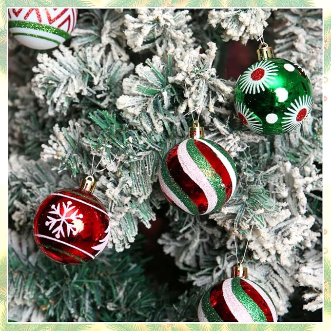 Christmas Ornaments Set, 30 pcs 2.36inch Red Green White Christmas Balls Ornaments for Christmas Tree Decorations Shatterproof Hanging Baubles Decoration for Xmas Thanksgiving Holiday Party Home Decor