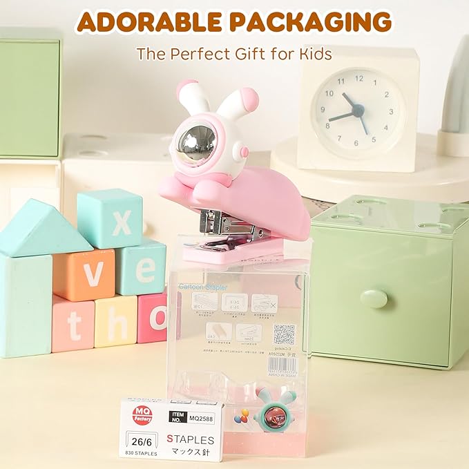 Honagu Cute Stapler, Cartoon Stereoscopic Silicone Stapler, Labor-Saving Office Supplies, Desktop Stationery Gift for Students Kids (Long Ear Pink)