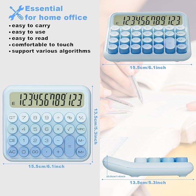 Mechanical Calculator 12 Digit Extra Large 5-Inch LCD Display, DECKLIT Battery Desk Calculator, Big Buttons Easy to Press Office Calculators Desktop, 15°Tilt Screen for Kids Calculator(Ice Blue)
