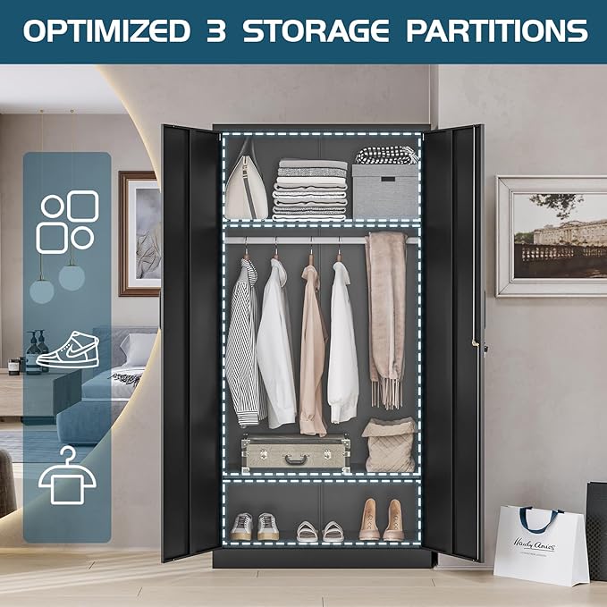 MIIIKO Steel Wardrobe Cabinet for Clothes, 72" Garments Closet Cabinet for Home Office and Bedroom with Shelves and Hanging Rod