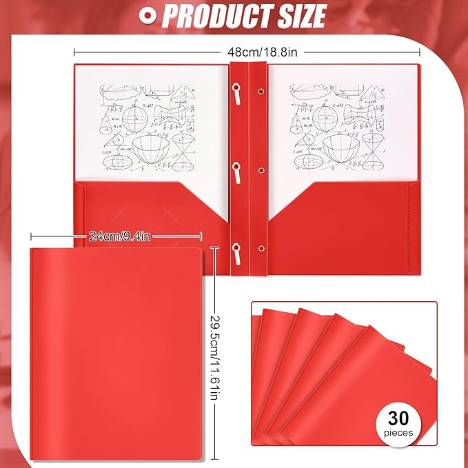 Yeaqee 30 Pcs Plastic Folders with Pockets and Prong Plastic Folders with 2 Pockets Pocket for Office, School for Students, Teachers, Office Workers (Red)