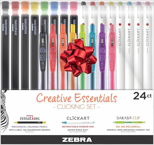 Zebra Pen Creative Essentials Clicking Set 24-Pack, Includes 8 ClickArt Markers, 8 Colored Pencils and 8 Sarasa Clip Retractable Gel Pens, Assorted Ink Colors (76124)