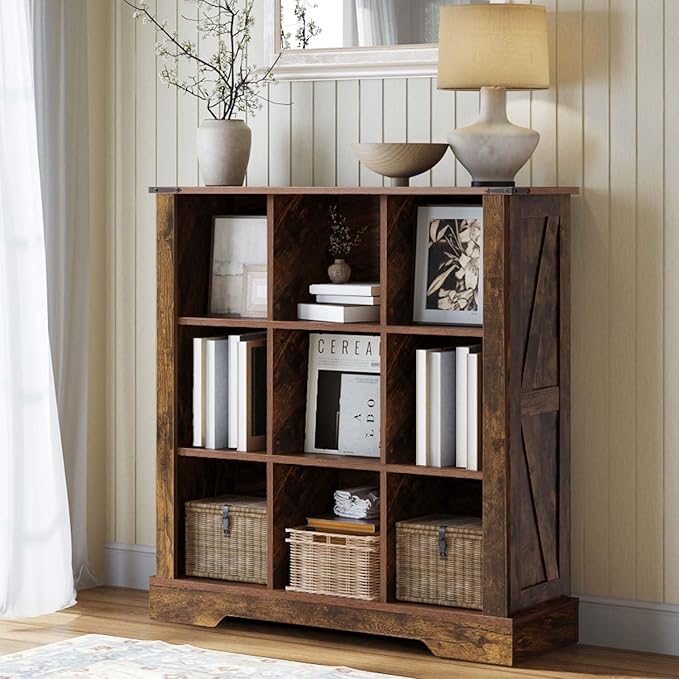 9 Cube Storage Organizer, 3 Tier Bookshelf for Living Room, Farmhouse Bookcase with Led, Kids Toy Storage Cabinet, Wall Cubby Shelves for Home Decor, Wood Display Cabinet for Bedroom, Brown