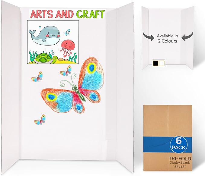 EPI Tri Fold Cardboard Display Board. Large 36 x 48in White Tri-fold Poster 6 Pack. Professional Presentation Boards with Rounded Corners for Science Fair Project, School and Business Presentations