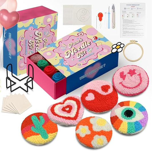 yuegool 6PCS Energy Punch Needle Coasters Kit,Easy DIY Punch Needle Embroidery Kit for Beginners Adults Kids Including Patterns, Tools, Yarns, Hoop, Instruction, Coaster Holder Art Craft Supplies