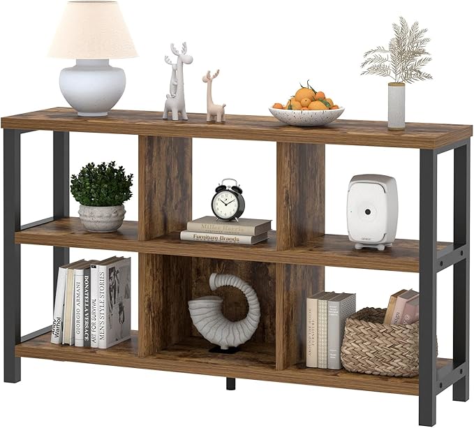 FOLUBAN Industrial Horizontal Bookshelf, 6 Cube Storage Organizer with Shelf, Wood and Metal Cubby Bookcase for Living Room Bedroom, Rustic Brown, 47 Inch