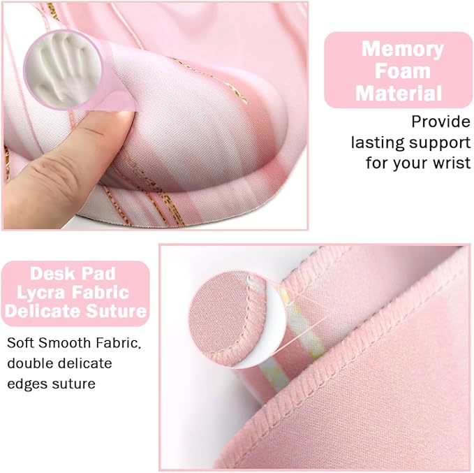 4-in-1 Gaming Mouse Pad Wrist Support Set，Desk Pad + Mouse Pad with Wrist Rest + Keyboard Wrist Rest + Coaster, Ergonomic Design for Home Office Study Game - Pink Fluid