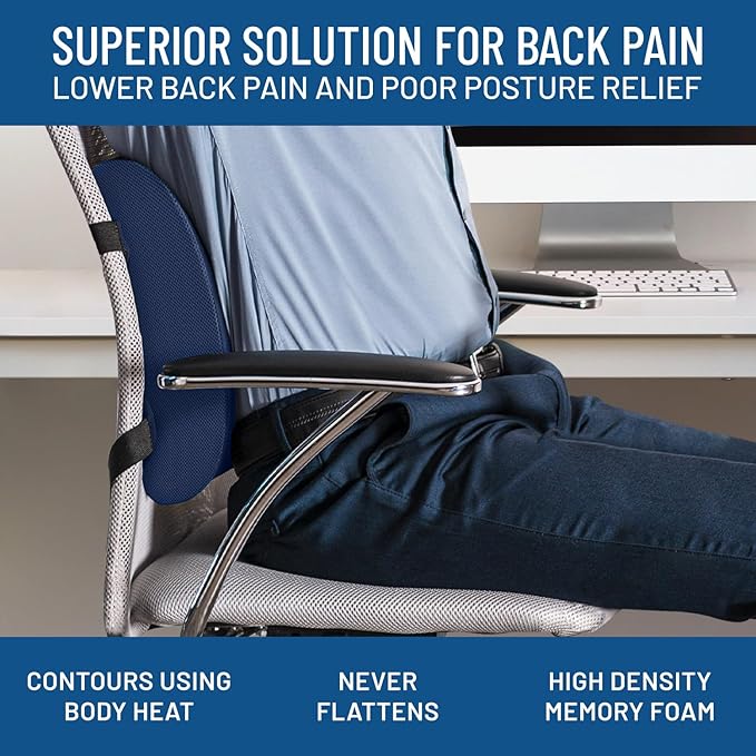 Everlasting Comfort Lumbar Support Pillow for Office Chair - Memory Foam Back Cushion for Car Seat - Promotes Better Posture, Back Pain Relief - Ideal Gaming and Desk Chairs Work and Home Essentials
