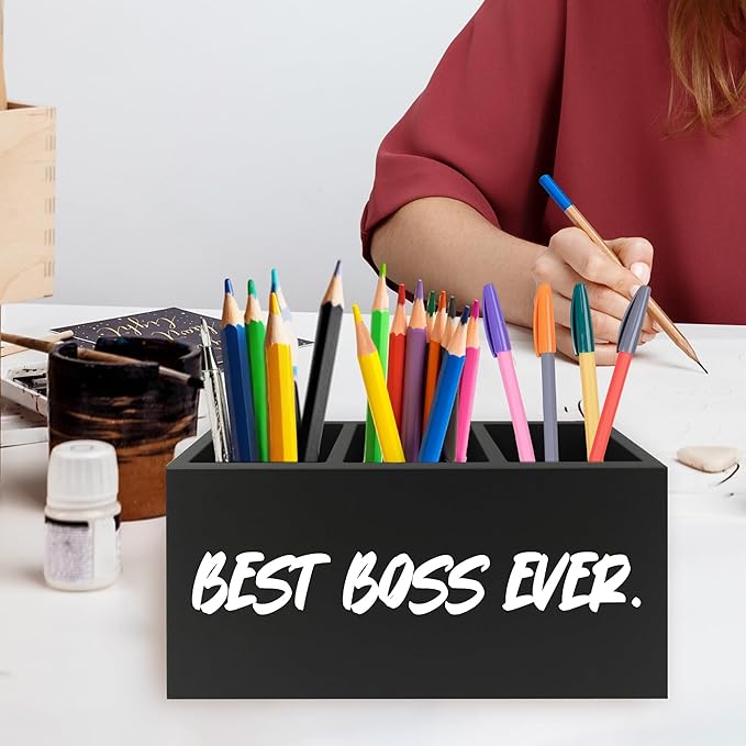 Boss Gifts Pen Pencil Holder Organizer for Desk, Bosses Leader Appreciation Gifts, Best Boss Ever Wooden Box Signs Decorations for Home Workplace Office Desk Tabletop