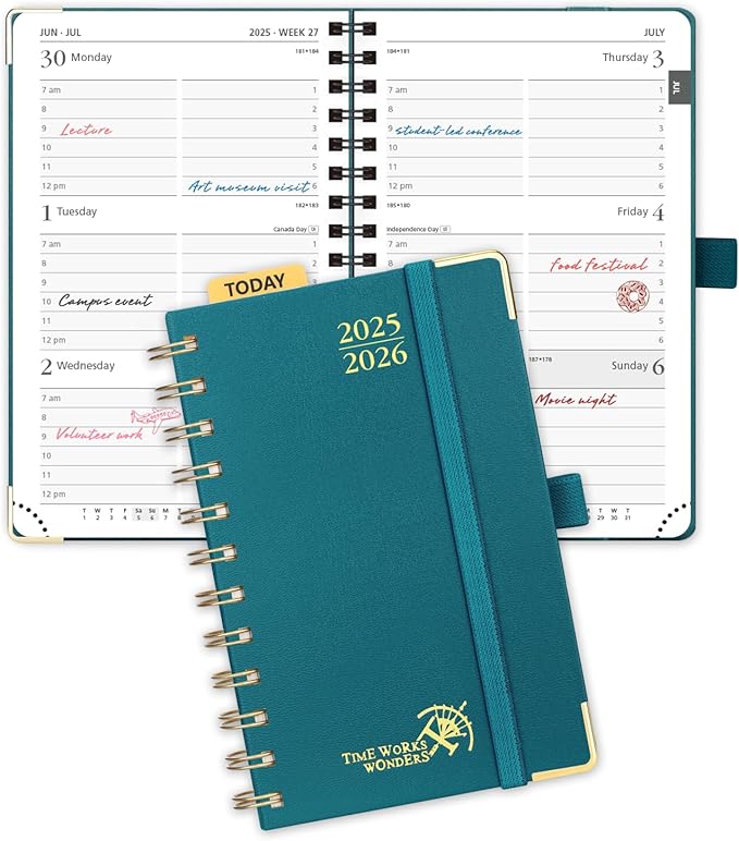 POPRUN Pocket Planner 2025-2026 (Spiral Hardcover - 4''x 6.25''), Daily Weekly and Monthly (July 2025 - June 2026) with Hourly Time Slots, for Purse, 100 GSM - Pacific Green