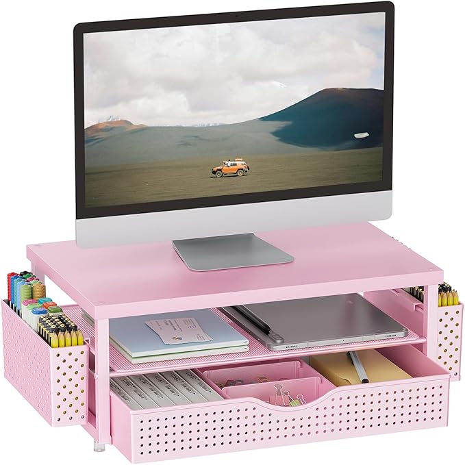 gianotter Wood Monitor Stand Riser, Desk Organizer with Drawer and 2 Pen Holders, 2-Tier Workspace Organizer for Office Supplies(Pink Wood)