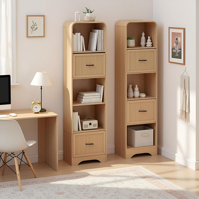 70" Tall Arched Bookcase and Book Shelf, Narrow Bookshelf with Drawers, Modern Wooden Bookshelves w/Adjustable 2 Bins Storage, Skinny bookshelf w/Open Display Shelves for Living Room, Office, Oak