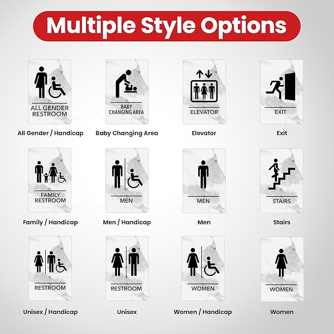 Promot All Gender Handicap Bathroom Sign – ADA Braille Restroom Sign for Business, Self-Adhesive, 9" x 6", Commercial Door Signage, Office Wall Decor - Marble Quartz