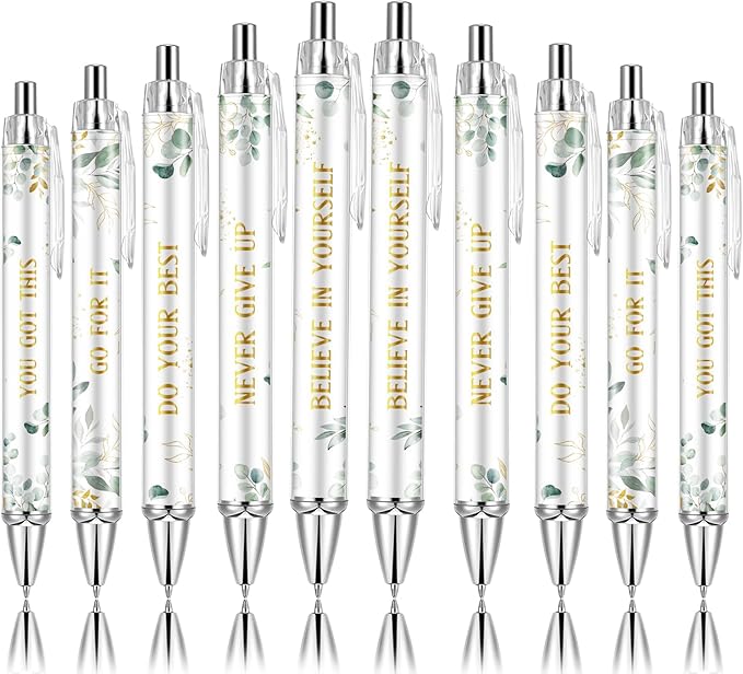 10PCS Inspirational Ballpoint Pen Green Eucalyptus Leaves Ballpoint Pen Employee Appreciation Gift Bulk Motivational Pens Black Ink Pens Set for School Teacher Office Employee Party Favors
