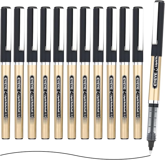 EYEYE 12 Pack 0.5mm Extra Fine Point Black Pens, Quick Dry Liquid Ink Rollerball Pens, Smooth Writing Fine Tip for Journaling, Note Taking, Office & School Supplies