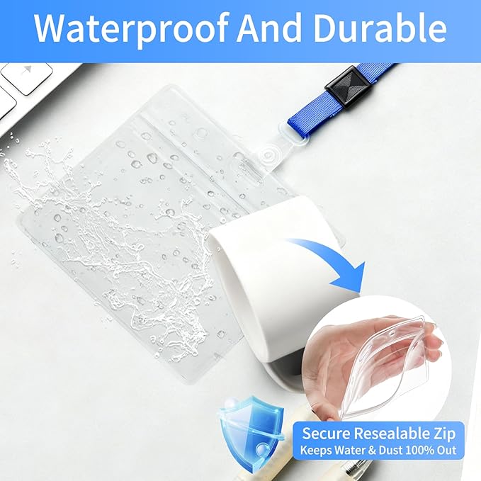 50 pcs Clear Horizontal ID Badge Holder, Waterproof Plastic Name Tag Sleeve with Resealable Zip, 2.44" x 3.7"Card Protector for Nurse, Teacher, Student, Office, School Use