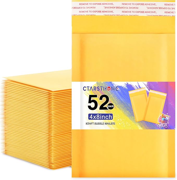 52Pack Yellow 4x8inch Kraft Bubble Mailers Small Business Mailing Packages Self-Sealing Paper Envelopes, Mailer Shipping package Strong Adhesion Padded Envelopes for Jewelry Makeup Supplies