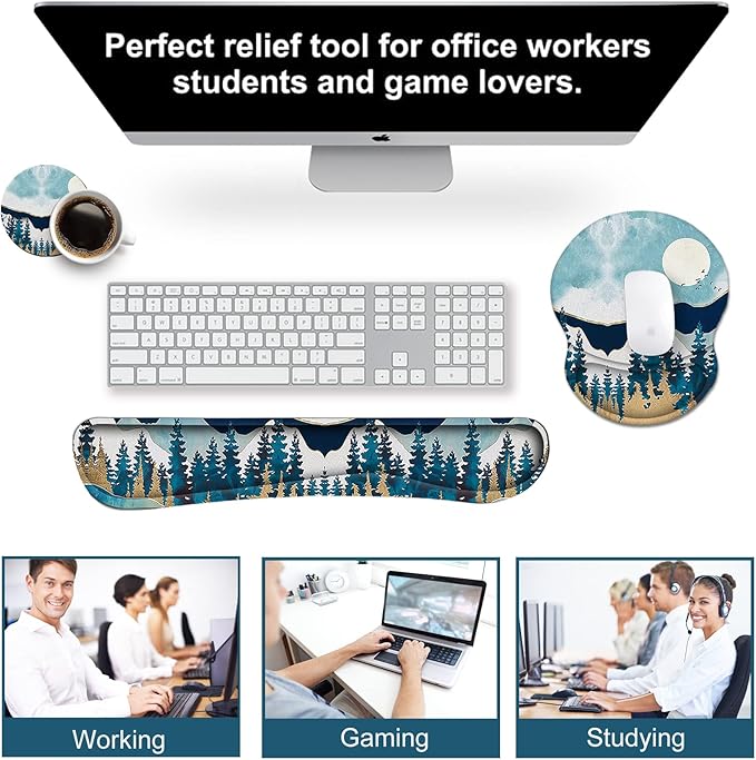 ArtSo Mouse Pad Keyboard Wrist Rest Support Ergonomic, Upgraded Cushion Mousepad Gel Memory Foam Non-Slip Rubber Base Pain Relief & Easy Typing for Home,Office, Abstract Mountain