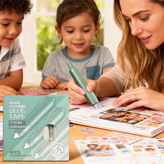 Double Sided Tape Roller - 4 Pieces Retractable Adhesive Dispenser, Sticky Scrapbook Tape, Heavy Duty Easy to Use Design, Excellent DIY Craft Accessory, Home School Office Journaling