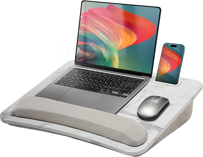 HUANUO Lap Laptop Desk - Portable Lap Desk with Pillow Cushion, Fits up to 15.6 inch Laptop, with Anti-Slip Strip & Storage Function for Home Office Students Use as Computer Stand - Marble