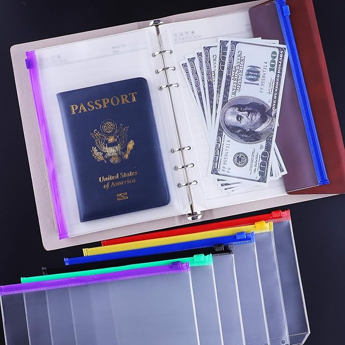 Antner 12PCS A5 Binder Pockets 6-Hole Budget Cash Envelopes for A5 6-Ring Binder, Multicolor Zipper Pouches for Planner Inserts, Money Organizer Bags Savings Challenge Envelopes for Cash Stuffing