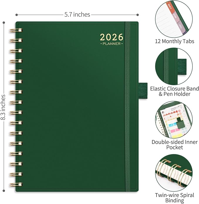 RETTACY 2026 Planner, Weekly and Monthly, Medium Size (5.7" x 8.3"), Jan - Dec 2026, Agenda, Calendar, 12 Month Tabs, Flexible Plastic Cover, 100 GSM Thick Paper, Spiral-bound (Dark Green)