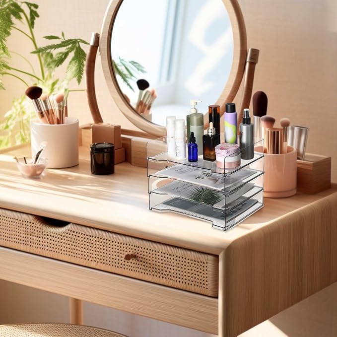 12 Pcs Stackable Letter Tray Rectangular Plastic Desk Organizer 13 x 9.5 x 2.6 in Paper Holder File Tray Accessories Rack for Desktop Office Desk Drawers (Clear)